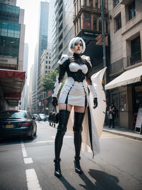 nspired,masterpieceabadon city,2b,nier automata, mecha armor, realistic, ,white suit,mecha leg,neon suit,detailed white skirt,me...