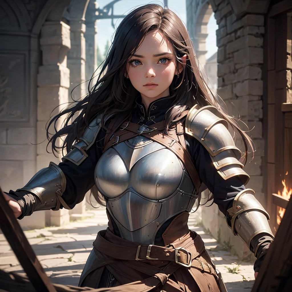 CG, Unity, 8k, wallpaper, Highest quality, masterpiece, Lovely lady, 18-year-old, (Realistic), Best lighting, Complex pupil, Intricate weaving, Detailed Background,The Hobbit,A composition that shows the whole body,One Woman,Full Body、Knight in Armor,Iron Mask