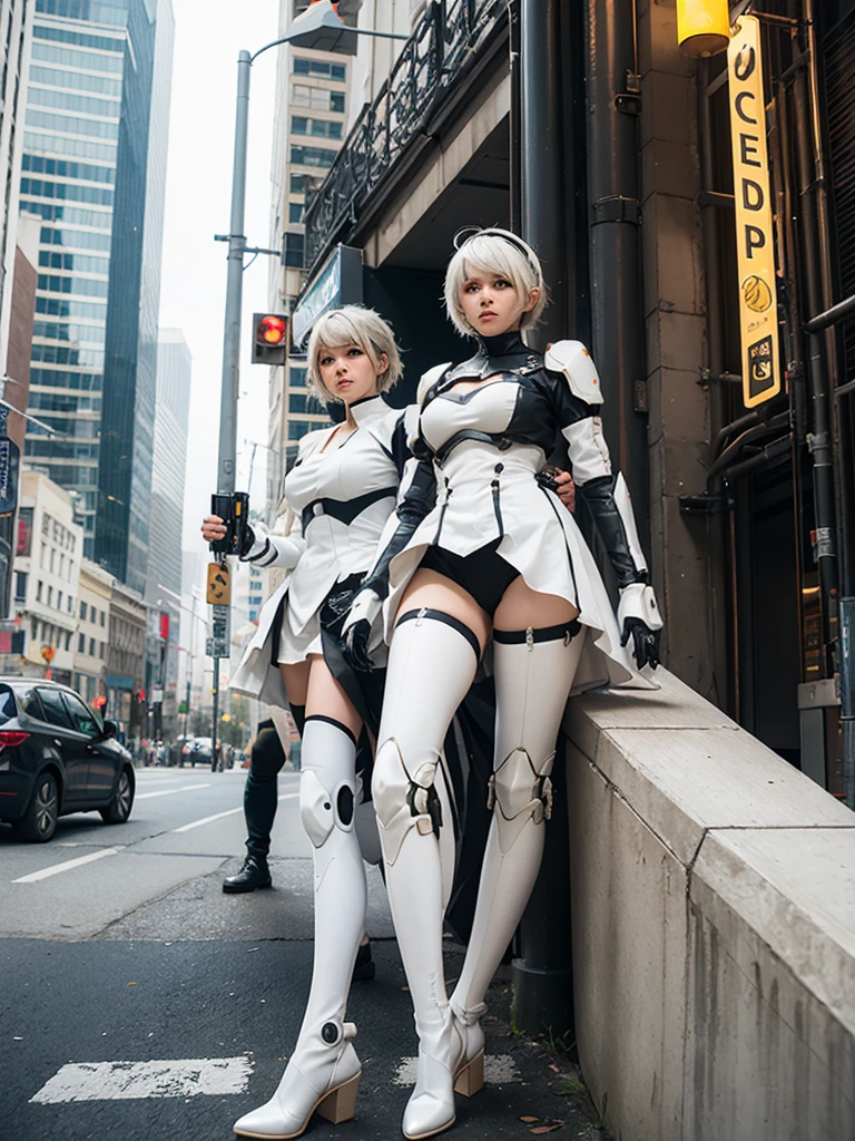 nspired,masterpieceabadon city,2b,nier automata, mecha armor, realistic, ,white suit,mecha leg,neon suit,detailed white skirt,mecha wing,