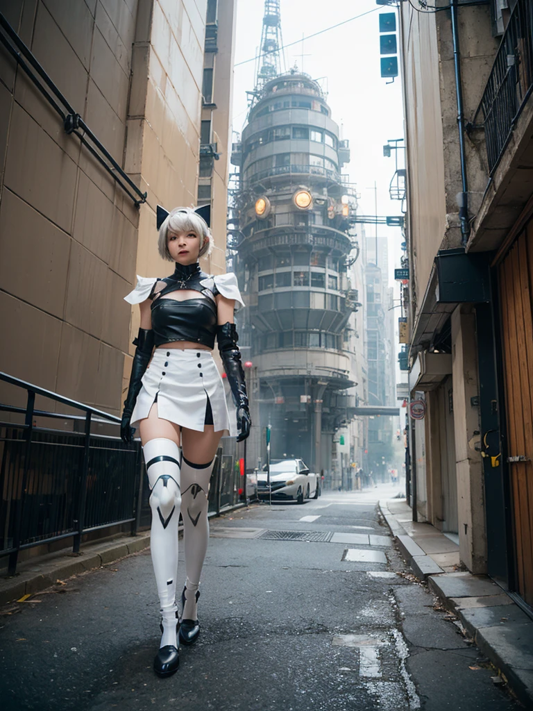 nspired,masterpieceabadon city,2b,nier automata, mecha armor, realistic, ,white suit,mecha leg,neon suit,detailed white skirt,mecha wing,