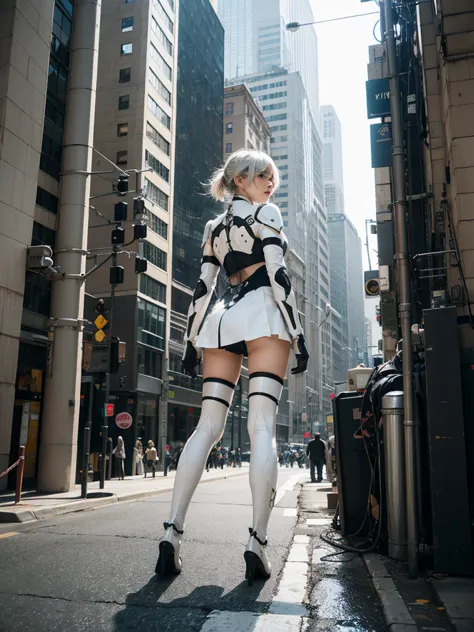 nspired,masterpieceabadon city,2b,nier automata, mecha armor, realistic, ,white suit,mecha leg,neon suit,detailed white skirt,me...