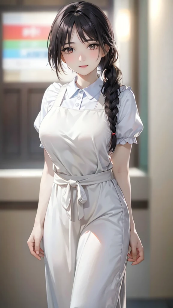 Mature woman,dynamic pose,standing at attention, puffy sleeves,short sleeves, WHITE SHIRT, YELLOW apron, Black_hair,Brown_eyes,single_braid,Bangs, 1 girl, 20yo,Young female,Beautiful long legs,Beautiful body, Beautiful Nose,Beautiful character design, perfect eyes, perfect face,expressive eyes,perfect balance, looking at viewer,(Focus on her face),closed mouth, (innocent_big_eyes:1.0),(Light_Smile:0.3), official art,extremely detailed CG unity 8k wallpaper, perfect lighting,Colorful, Bright_Front_face_Lighting,White skin, (masterpiece:1.0),(best_quality:1.0), ultra high res,4K,ultra-detailed, photography, 8K, HDR, highres, absurdres:1.2, Kodak portra 400, film grain, blurry background, bokeh:1.2, lens flare, (vibrant_color:1.2),professional photograph, (Beautiful,large_Breasts:1.4), (beautiful_face:1.5),(narrow_waist),