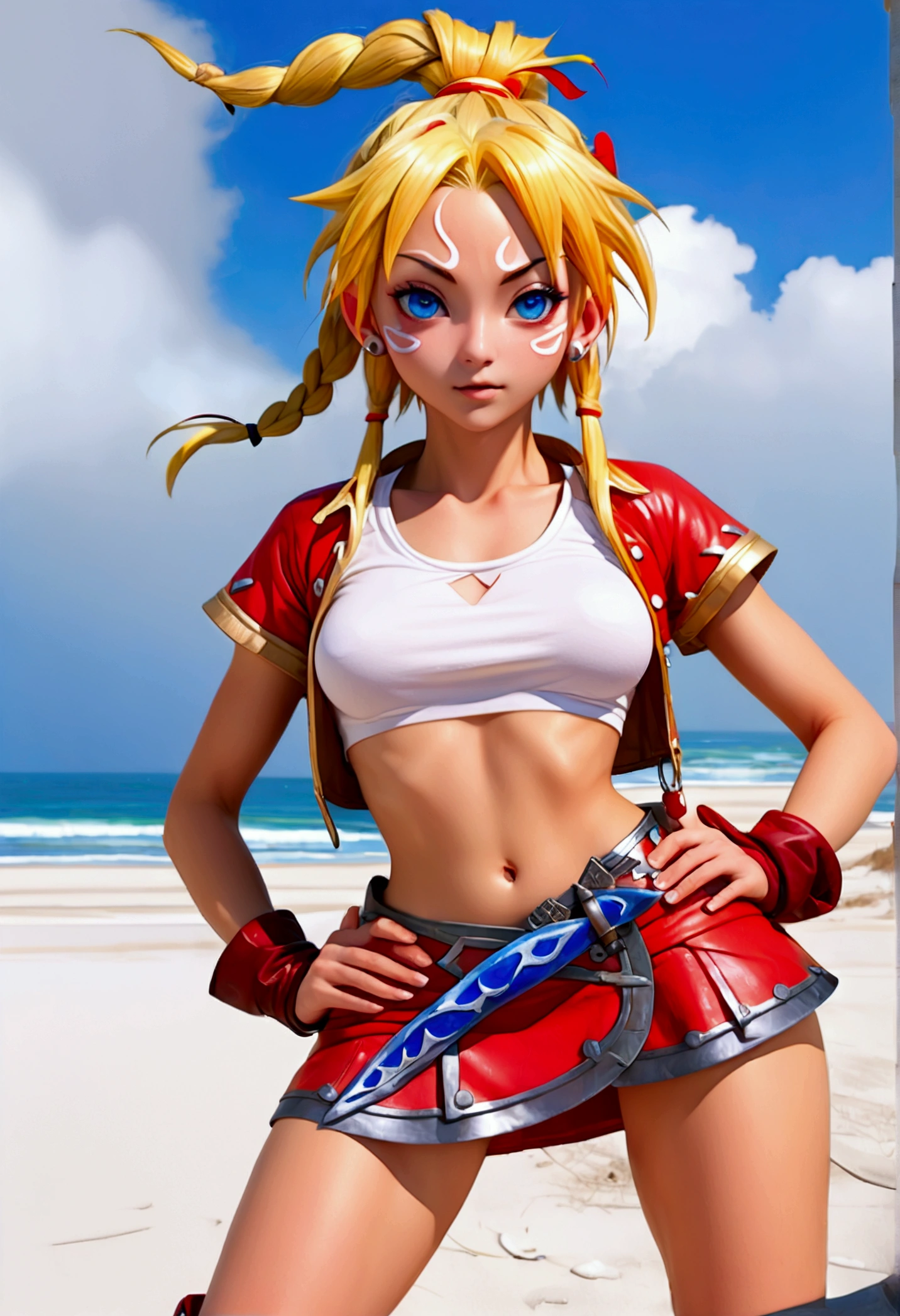 (promotional art), (full length portrait:1.4), (Kid from Chrono Cross), BREAK: yellow hair in high ponytail braid, sapphire blue eyes, very slender toned frame, lanky thin build, medium-large bust, (protruding nipples:1.25), very pale white skin, aroused expression, (white tribal marks on cheeks:1.2), BREAK: (red skin tight booty skirt), (open fronted micro skirt:1.4), (3/4 cropped RED short-sleeved jacket:1.3), white crop top under jacket, (shirt clings to high beam nipples:1.4), loose brown leather ankle boots, BREAK: wide field of view composition, centered, (hands behind head pose:1.25), thighs open pose, walking down beach, white sand beach setting