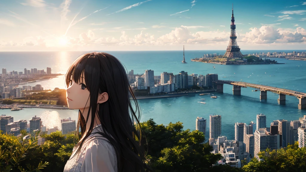 Shiraishi Mei, Looks exactly like Shiraishi Mei、Time is night、Tokyo Tower in the background、Big fireworks、Oceanの方を向いている後ろ姿、Woman looking up at the sky ,Long Hair,  Black Hair,, Photo from the side, Realistic, Highest quality, Detailed face, Strong sunlight, Ocean, Embankment, Detailed Background, Diffused sunlight, Written boundary depth, Bokeh (Highest quality: 1.2), (masterpiece: 1.2), Watch Viewer, one piece, White Theme, ,Vision、(((Panorama:1.2)))