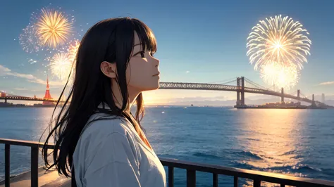 shiraishi mei, looks exactly like shiraishi mei、time is night、tokyo tower in the background、big fireworks、oceanの方を向いている後ろ姿、woman...