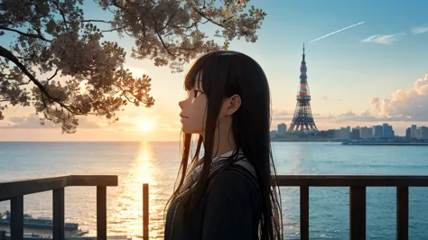 shiraishi mei, looks exactly like shiraishi mei、time is night、tokyo tower in the background、big fireworks、oceanの方を向いている後ろ姿、woman...