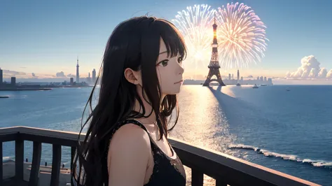 shiraishi mei, looks exactly like shiraishi mei、time is night、tokyo tower in the background、big fireworks、oceanの方を向いている後ろ姿、woman...