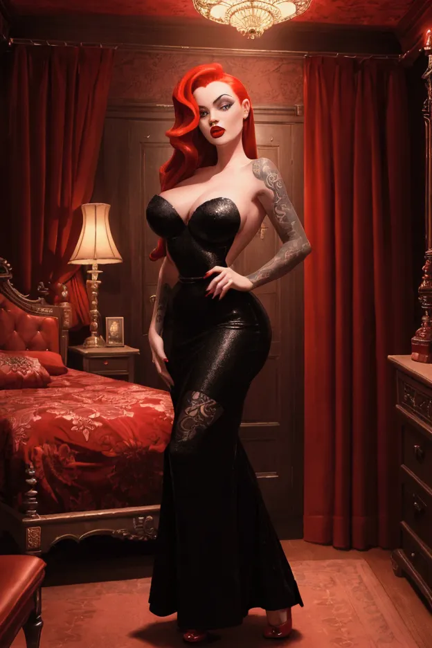 a sexy gothic woman with red hair, full red lips, detailed neo-traditional tattoos, wearing a very sexy black dress, full body s...