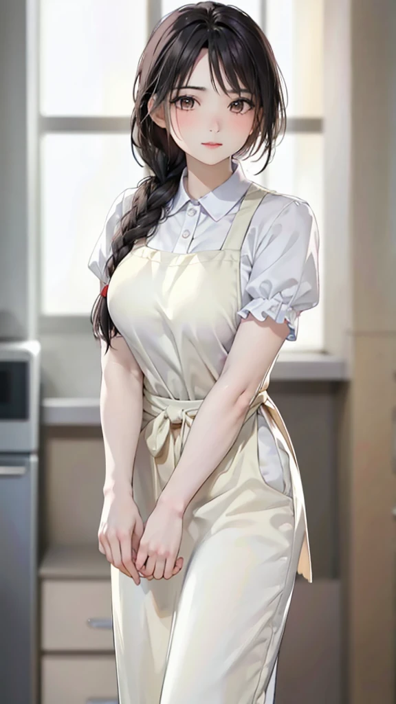 Mature woman,dynamic pose,standing at attention, puffy sleeves,short sleeves, WHITE SHIRT, YELLOW apron, Black_hair,Brown_eyes,single_braid,Bangs, 1 girl, 20yo,Young female,Beautiful long legs,Beautiful body, Beautiful Nose,Beautiful character design, perfect eyes, perfect face,expressive eyes,perfect balance, looking at viewer,(Focus on her face),closed mouth, (innocent_big_eyes:1.0),(Light_Smile:0.3), official art,extremely detailed CG unity 8k wallpaper, perfect lighting,Colorful, Bright_Front_face_Lighting,White skin, (masterpiece:1.0),(best_quality:1.0), ultra high res,4K,ultra-detailed, photography, 8K, HDR, highres, absurdres:1.2, Kodak portra 400, film grain, blurry background, bokeh:1.2, lens flare, (vibrant_color:1.2),professional photograph, (Beautiful,large_Breasts:1.4), (beautiful_face:1.5),(narrow_waist),