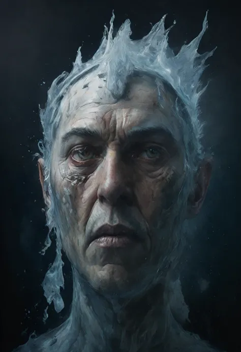 a highly detailed, photo-realistic painting of a portrait of an old emperor figure made of ice bursting under water, desolated i...