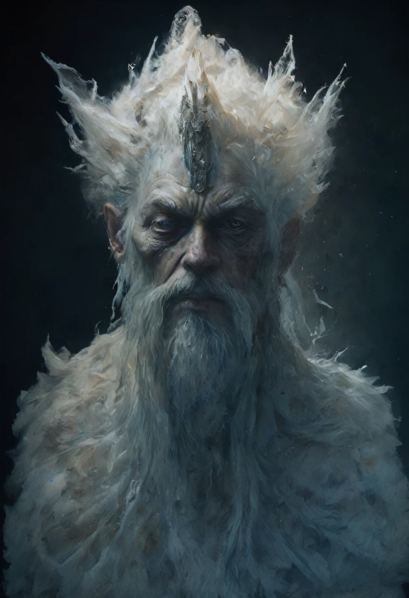 a highly detailed, photo-realistic painting of a portrait of an old emperor figure made of ice bursting under water, desolated icy surreal landscape, Denis Forkas painting style, Nicola Samorì painting style, professional painting, oil on canvas, dramatic lighting, vivid colors, extremely detailed, cinematic composition, photorealistic textures, intricate details, dramatic atmosphere, deep shadows, high contrast, moody tones, dramatic lighting, ethereal, dreamlike, fantastical, creepy, sinister, melting ink, centre composition, sense of awe, dramatic lighting, impressionism, blur movement effect, 