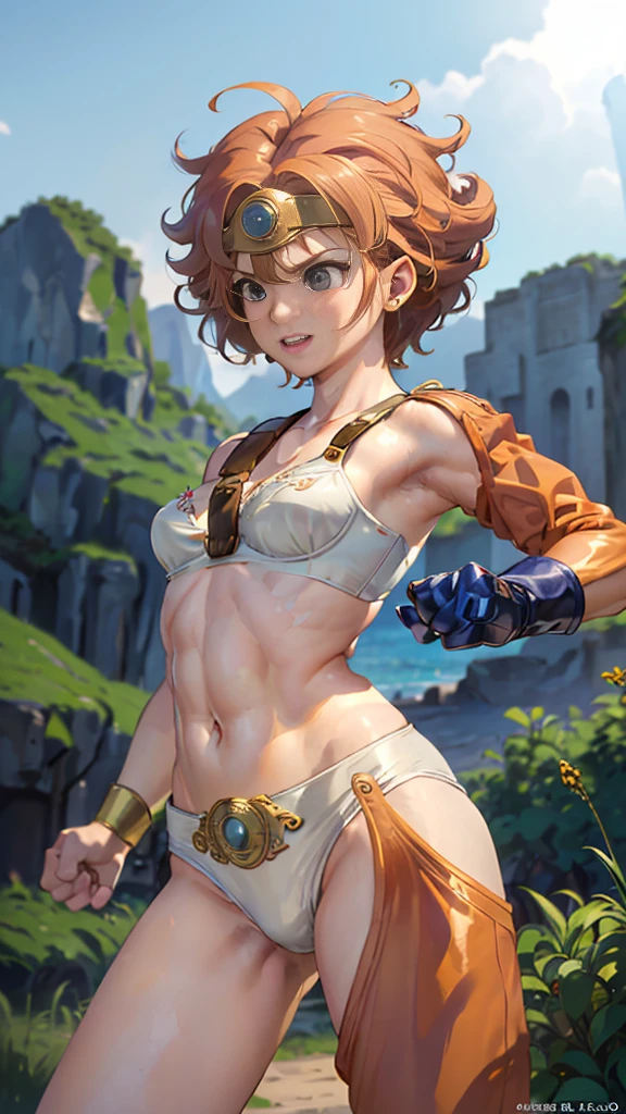 One Girl、High resolution、masterpiece、Arena \(DQ4\)、Orange Hair、Slender、Muscular、low length、Laughter、(((A sexy bra with delicate embellishments、Small white panties with detailed trim)))、Thin thighs、Focus on the thighs、Combat Action、quick kick、Combat Action、Fighting with your feet、Dance action