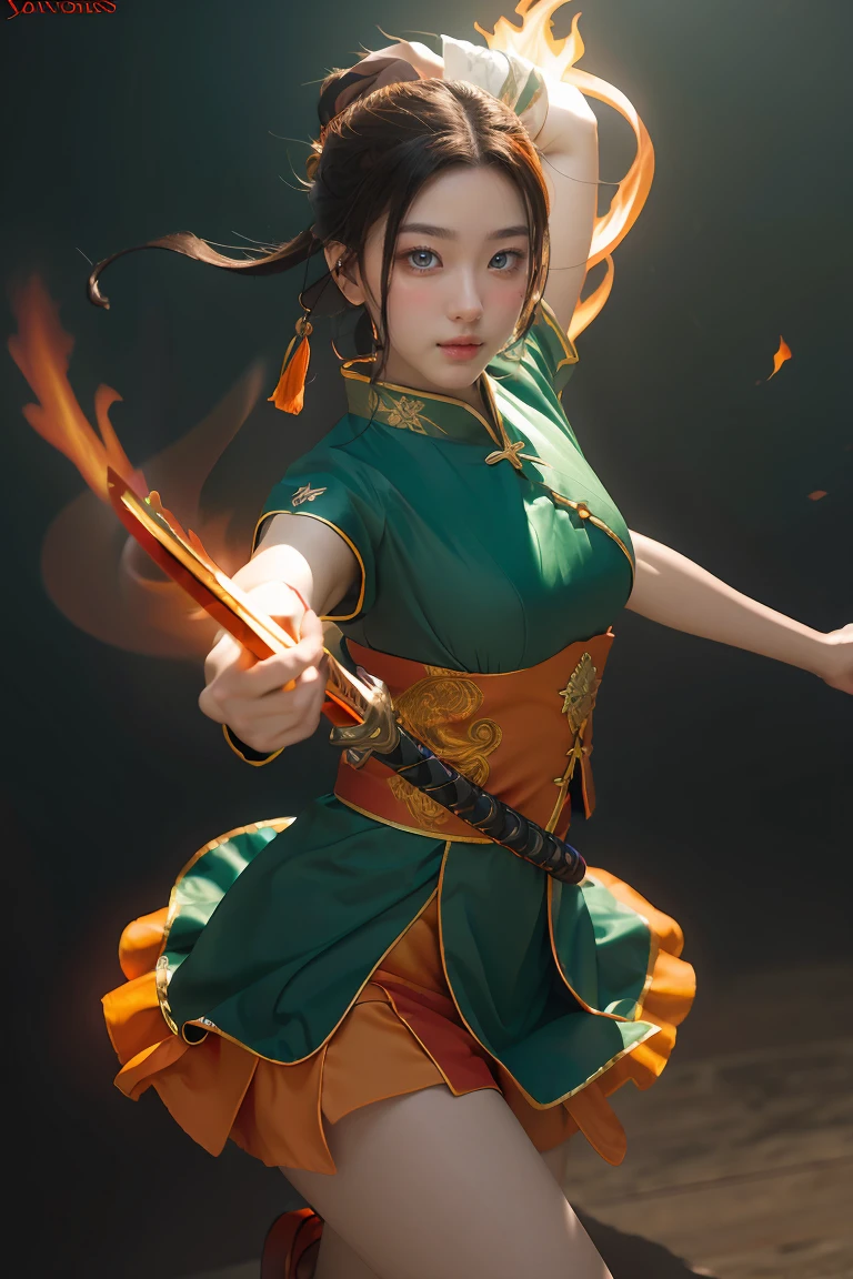 Fisheye lens with flames in background, Chinese girl dancing swords, dressed in Tang costume, a person, upward light, ray tracing, edge light, glow effect, exaggerated action, exaggerated perspective, orange, green, realistic ultra-fine rendering wind, super detail, blender, octanerending