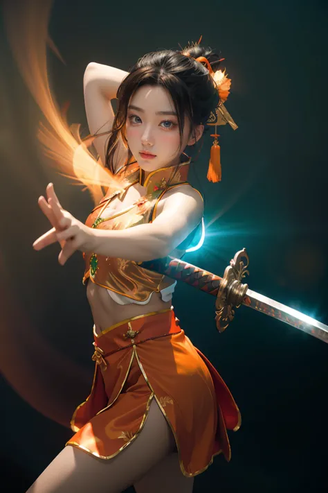 fisheye lens with flames in background, chinese girl dancing swords, dressed in tang costume, a person, upward light, ray tracin...