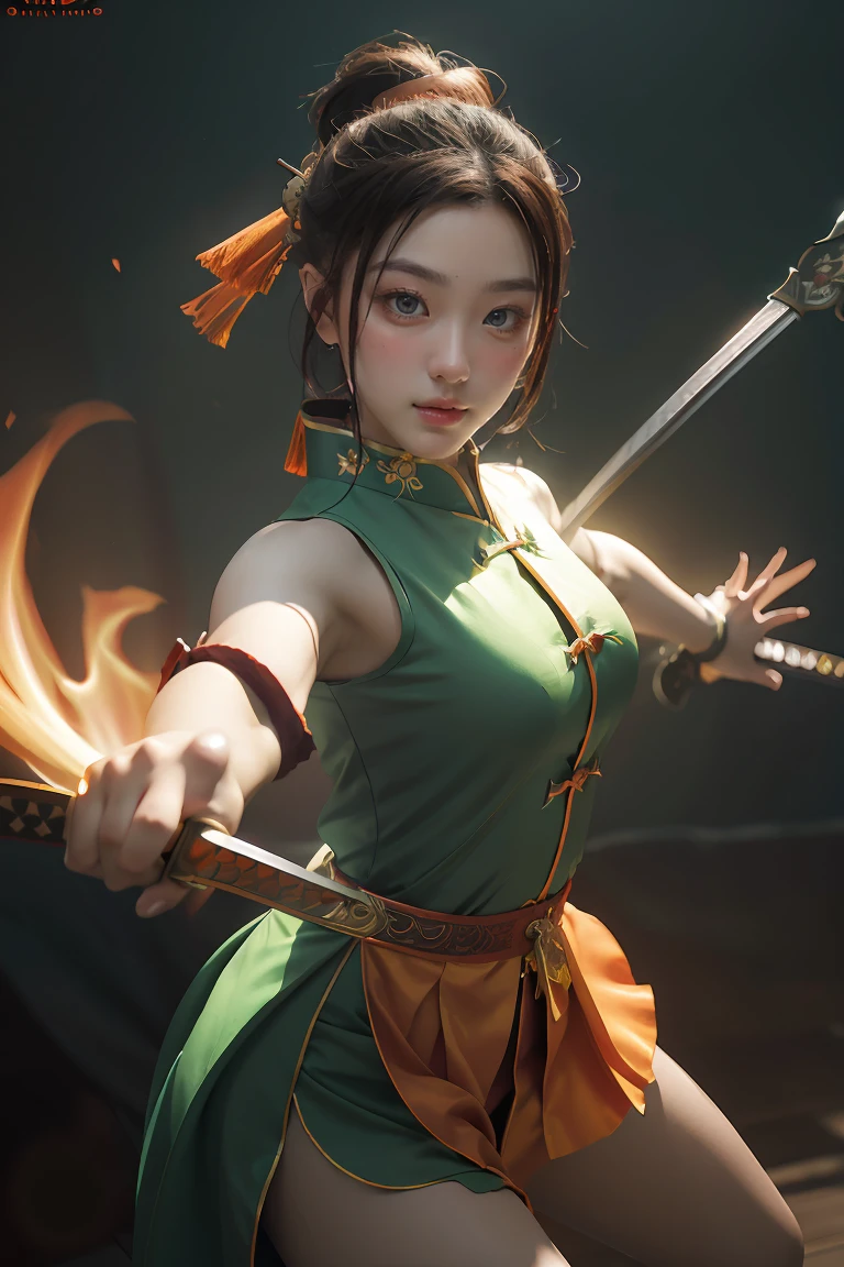 Fisheye lens with flames in background, Chinese girl dancing swords, dressed in Tang costume, a person, upward light, ray tracing, edge light, glow effect, exaggerated action, exaggerated perspective, orange, green, realistic ultra-fine rendering wind, super detail, blender, octanerending