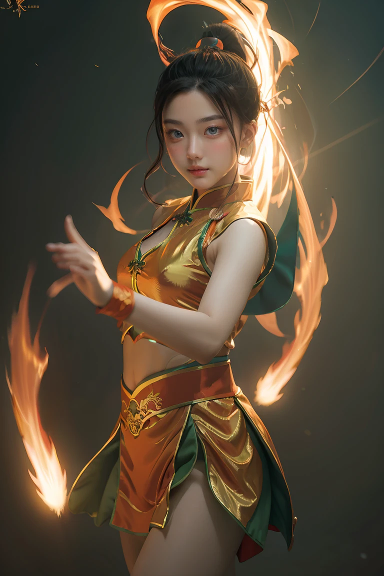 Fisheye lens with flames in background, Chinese girl dancing swords, dressed in Tang costume, a person, upward light, ray tracing, edge light, glow effect, exaggerated action, exaggerated perspective, orange, green, realistic ultra-fine rendering wind, super detail, blender, octanerending