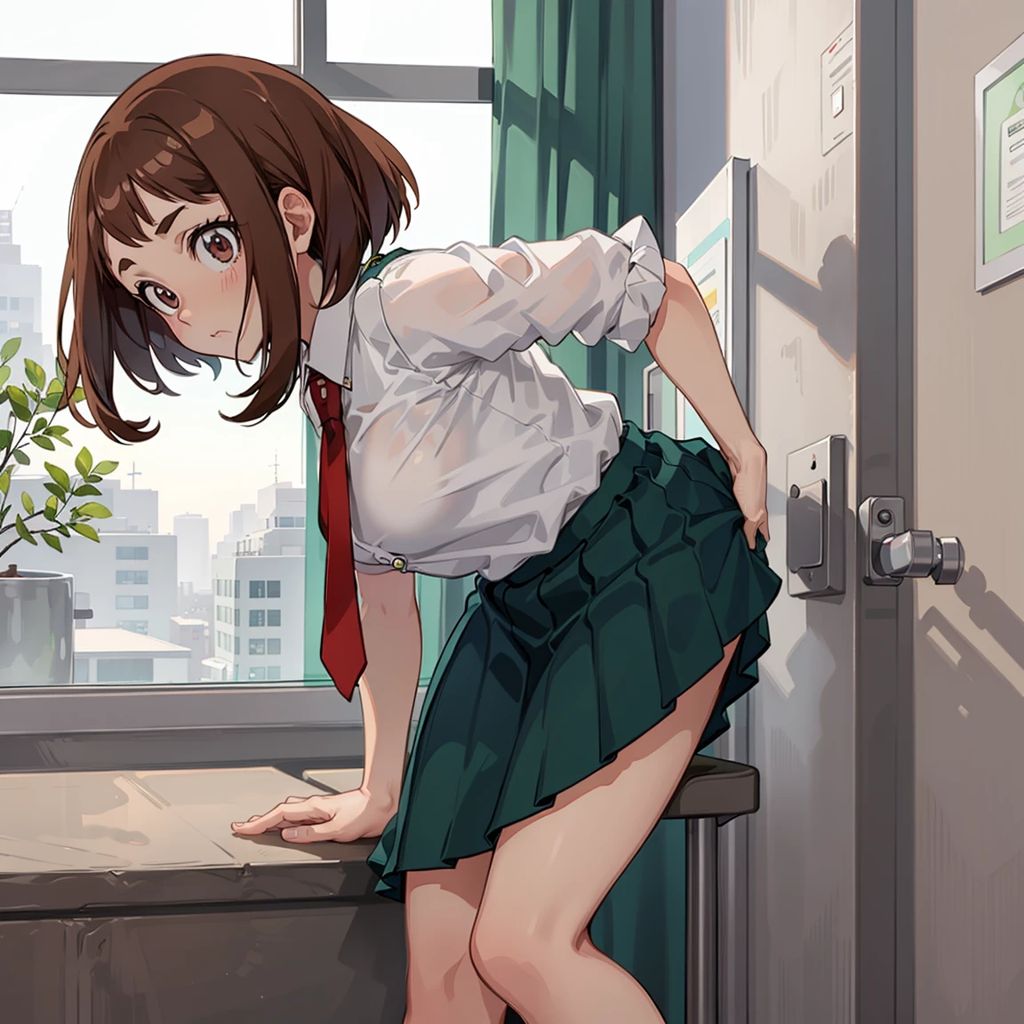 ((Uraraka Ochako)), ​masterpiece, sitting, office background, minimalist art, detailded, meticulous art, No defects, character focus, cenário detailded, Proportionate Body, beautiful  face, Body cute, animated cartoon, arte anime, perfect art, perfectionism, (1 girl), (standing alone), blushed, shame, Drunk, (((Maximum quality))), (adult  woman), ((secretary clothes)) social shirt, short black skirt, sitting em cima da mesa, front view, seducing,  ((lifting the skirt)) lingerie white, White-panties, white ribbon pantyhose, sexly, nice legs, ((legs showing)) thighs showing