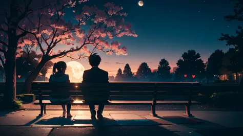 back view, anime style, a couple sitting on a bench in the park, at night, (valentine mood :1.2), full moon, heart-shaped shadow...