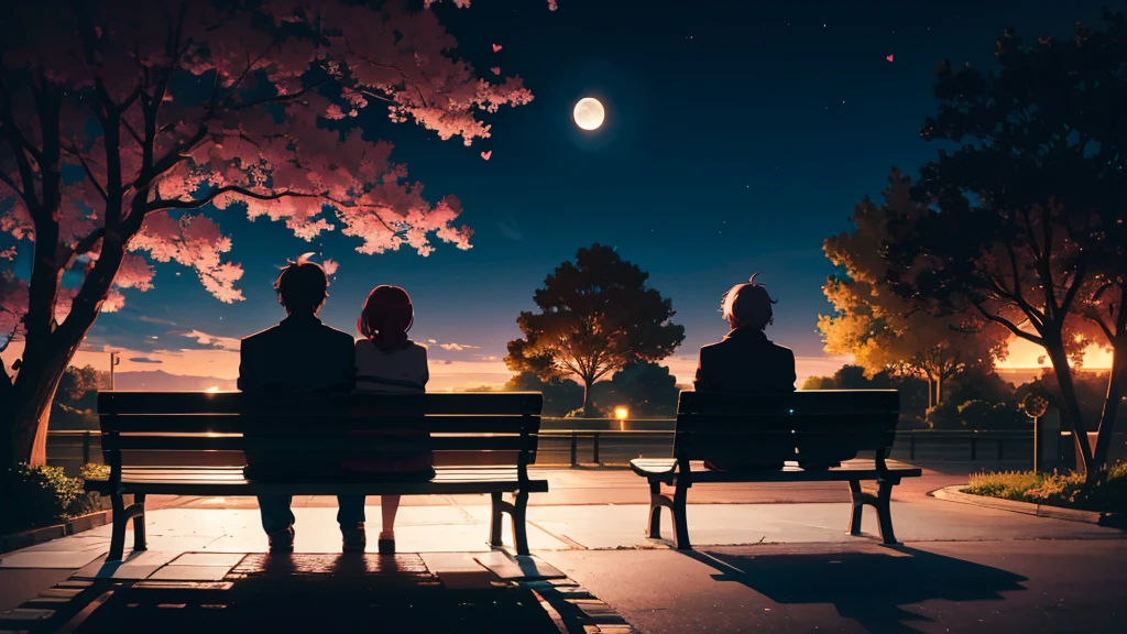 Back view, Anime style, a couple sitting on a bench in the park, at night, (Valentine mood :1.2), full moon, heart-shaped shadow on the moon