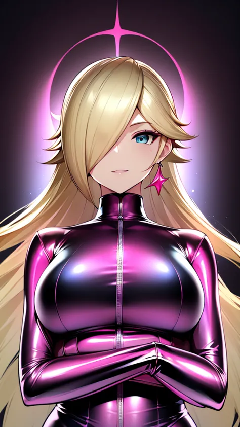 erotic、rosalina、blonde、tall、 mature, married women, pink shiny latex rubber suit、turtleneck、邪evilな女戦闘員, pink and black backgroun...