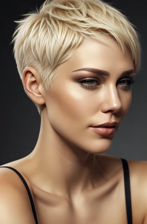 a close up of a woman with a short blond hair, short blond hair, blonde short hair, pixie cut, short blonde hair, short hair, na...