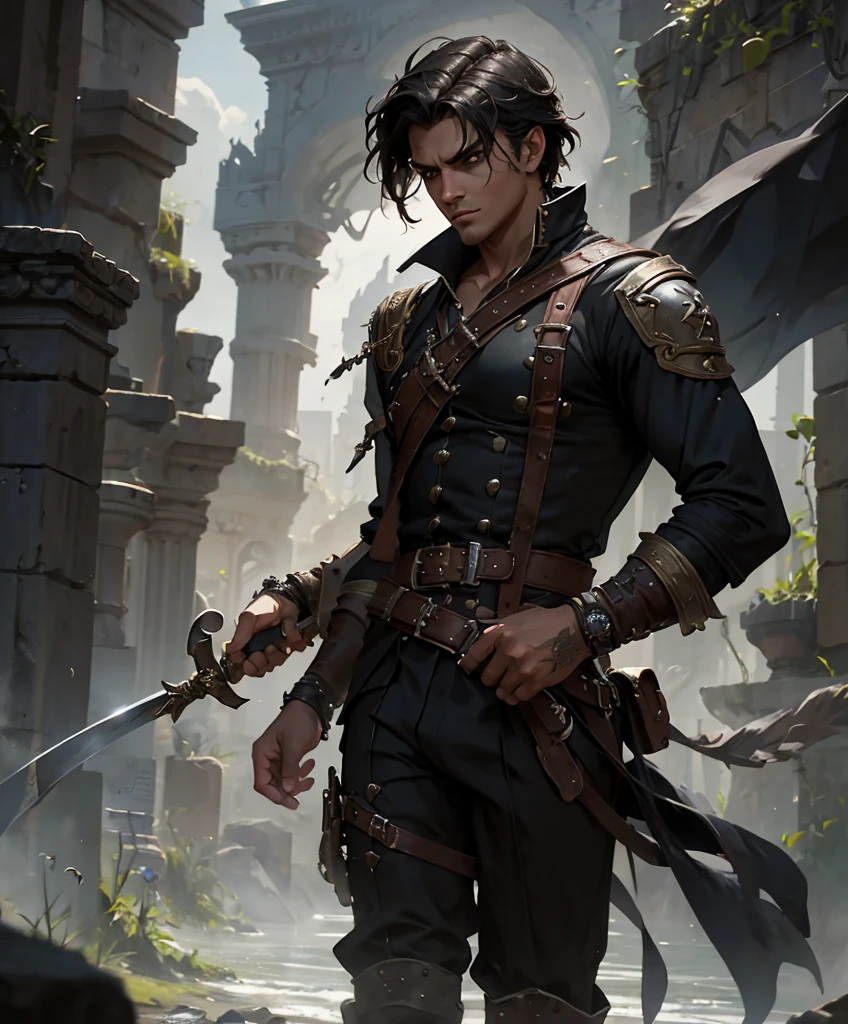 Dashing male swashbuckler dressed in black.  Excellent fashion sense.  Attractive.  Daring.  Romantic.  Stoic.  Moody.  Brooding.   award winning, fantasy art concept masterpiece, trending on Artstation, digital art, unreal engine, 8k, ultra HD, centered image, centered image.trending