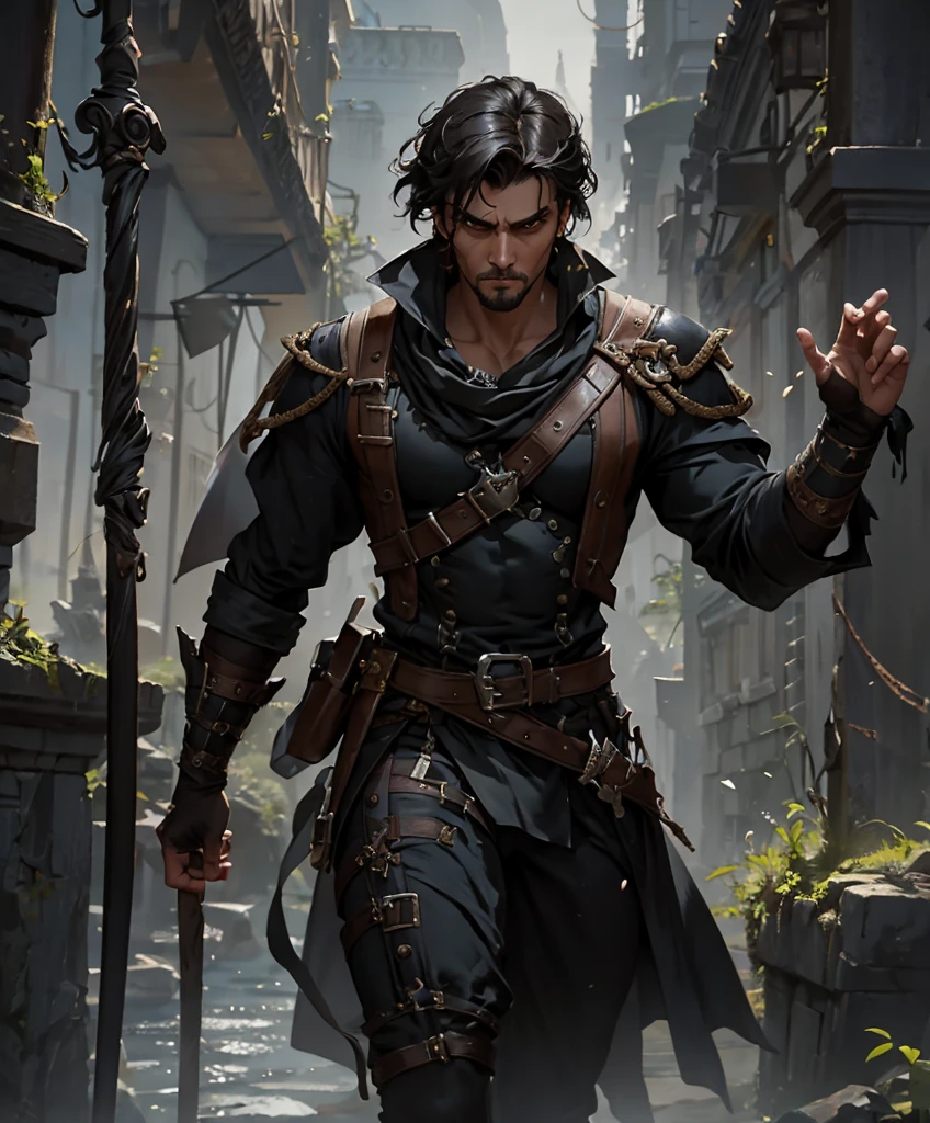 Dashing male swashbuckler dressed in black.  Excellent fashion sense.  Attractive.  Daring.  Romantic.  Stoic.  Moody.  Brooding.   award winning, fantasy art concept masterpiece, trending on Artstation, digital art, unreal engine, 8k, ultra HD, centered image, centered image.trending