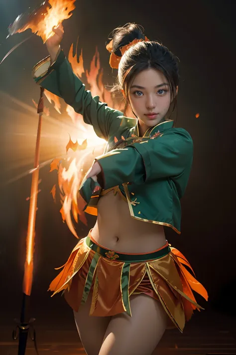 fisheye lens with flames in background, chinese girl dancing swords, dressed in tang costume, a person, upward light, ray tracin...