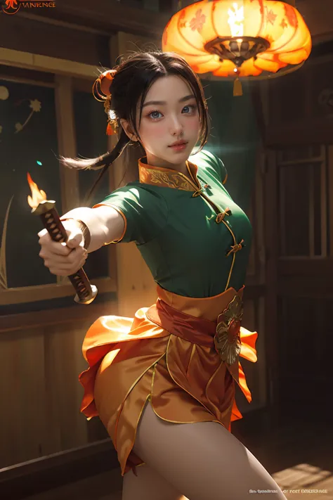 fisheye lens with flames in background, chinese girl dancing swords, dressed in tang costume, a person, upward light, ray tracin...