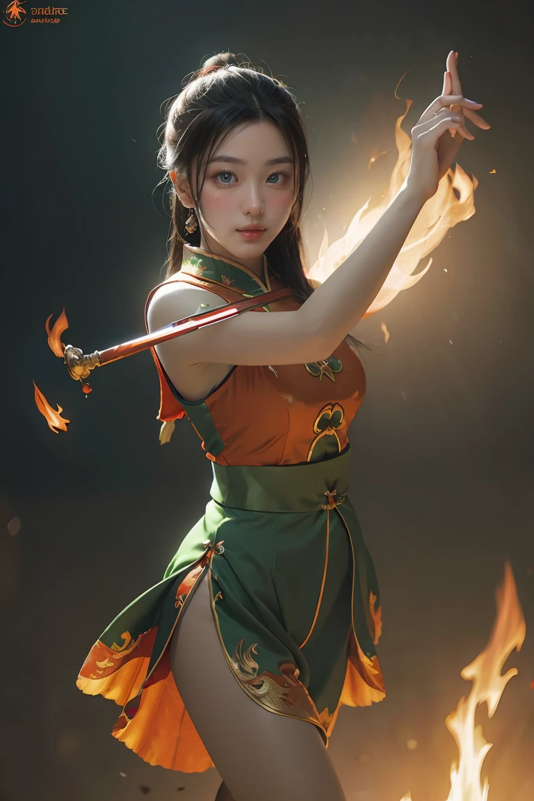 Fisheye lens with flames in background, Chinese girl dancing swords, dressed in Tang costume, a person, upward light, ray tracing, edge light, glow effect, exaggerated action, exaggerated perspective, orange, green, realistic ultra-fine rendering wind, super detail, blender, octanerending