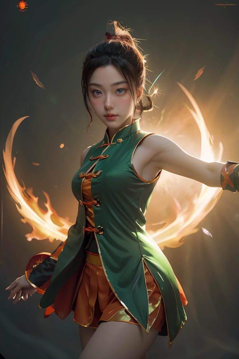 Fisheye lens with flames in background, Chinese girl dancing swords, dressed in Tang costume, a person, upward light, ray tracing, edge light, glow effect, exaggerated action, exaggerated perspective, orange, green, realistic ultra-fine rendering wind, super detail, blender, octanerending