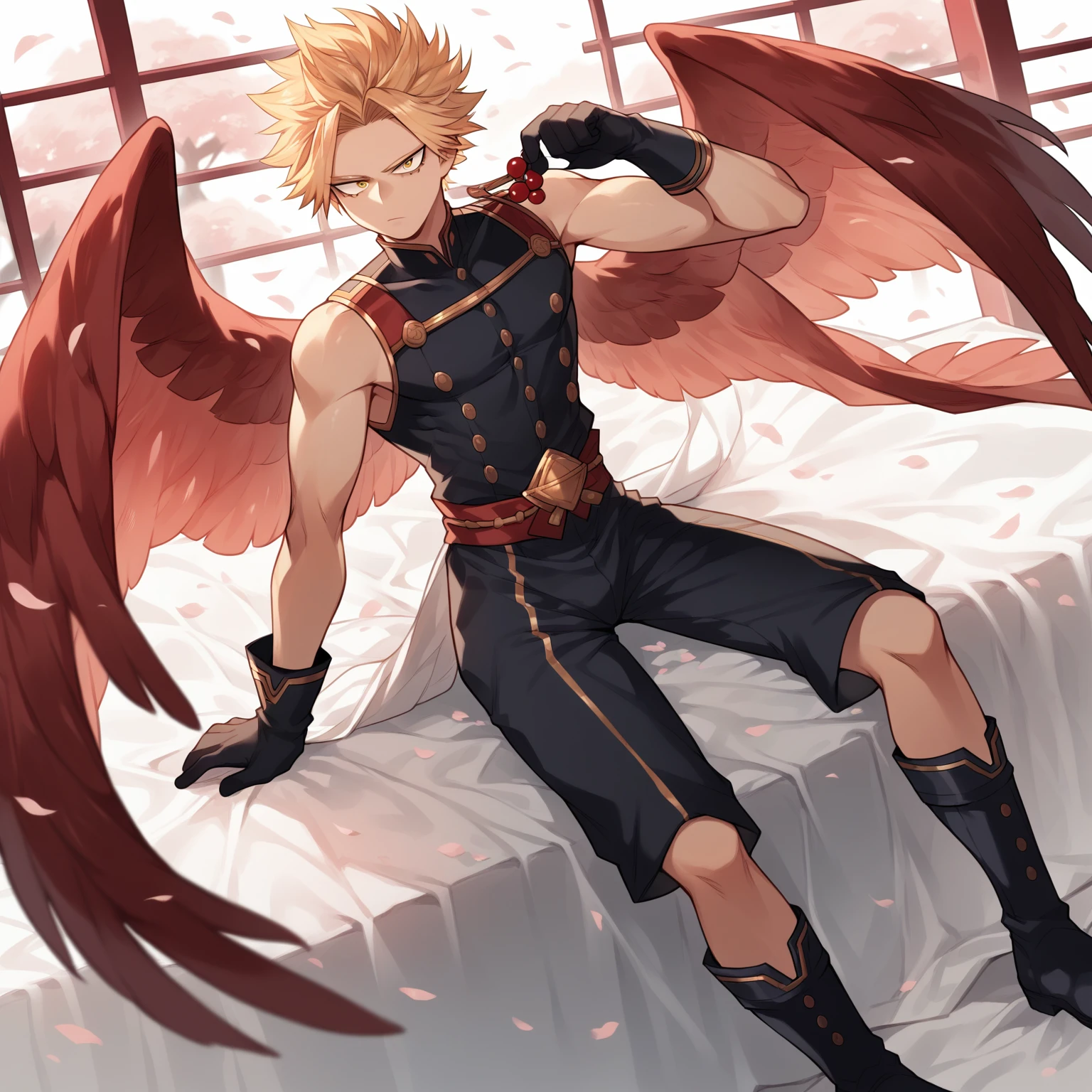 Alone, delicate gay boy, Blonde hair combed back with two front strands sticking out, gold eyes, red wings on his back, up to rank, curvy thighs, small waist, CLOTHES: Black prince suit with white design, black boots above the knees, gloves above the elbows, sitting on a velvet piece of furniture, cherry blossom palace room background, Hawks, Boku no Hero Academia