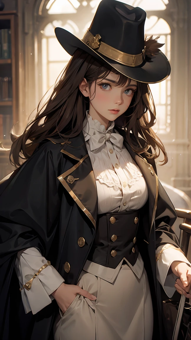 brown hair, lomg hair, backlighting, masterpiece, accurate, anatomically correct, super detail, award winning, 16k, best quality, high details, high quality, Sherlock Holmes, deerskin hat, Inverness coat, Detective, A beautiful woman dressed in British gentleman style, Britain in the late 19th century