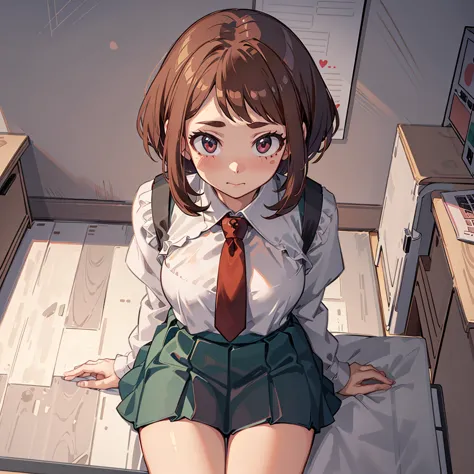 ((uraraka ochako)), ​masterpiece, sitting, office background, minimalist art, detailded, meticulous art, no defects, character f...