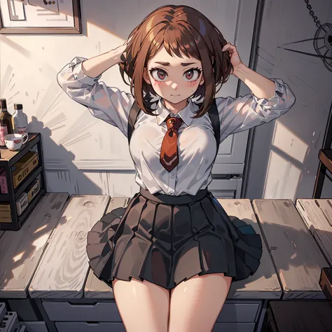 ((uraraka ochako)), ​masterpiece, sitting, office background, minimalist art, detailded, meticulous art, no defects, character f...