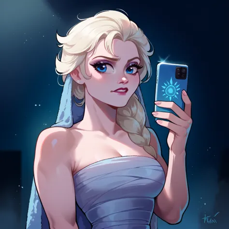 score_9_presence, score_8_up, elsa, wrapped in towel, medium breasts, holding phone