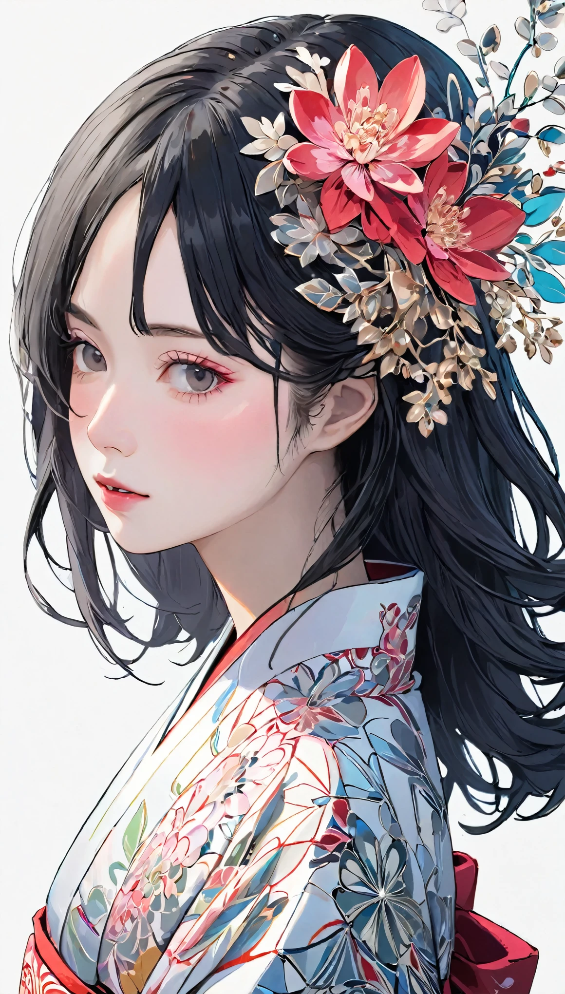 (((White background、White world)))、22 years old、Unity 8k wallpaper、Super detailed、Beautiful and aesthetic、masterpiece、Highest quality、(Tangle、Mandala、Tangle、Tangle)、(Fractal Art:1.3)、One Woman、Beautiful black hair、Shortcuts、Red kanzashi、Japanese、Big pink、Silver Kimono、Photographed from the front、Blushing cheeks、Japanese...