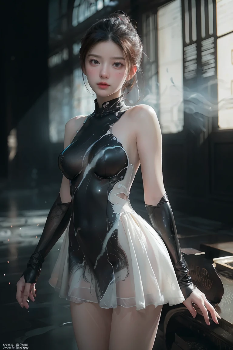 ((masterpiece, best quality)), ultra detailed 8k, photorealistic, sharp focus, highly detailed, professional lighting , shadowmancer, photo of a woman, ink particle, ((swirling black ink floating around)), futuristic fantasy, futuristic white dress, dynamic pose, realistic, masterpiece, intricate details, detailed background, depth of field,