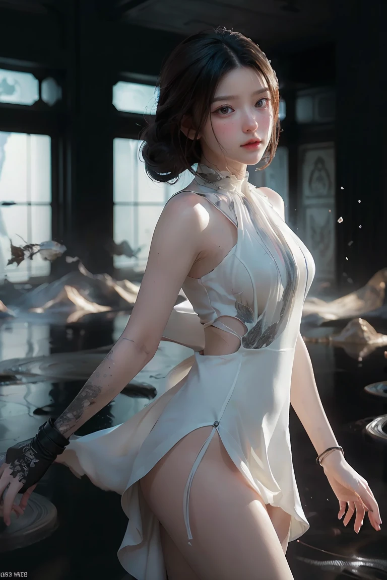 ((masterpiece, best quality)), ultra detailed 8k, photorealistic, sharp focus, highly detailed, professional lighting , shadowmancer, photo of a woman, ink particle, ((swirling black ink floating around)), futuristic fantasy, futuristic white dress, dynamic pose, realistic, masterpiece, intricate details, detailed background, depth of field,