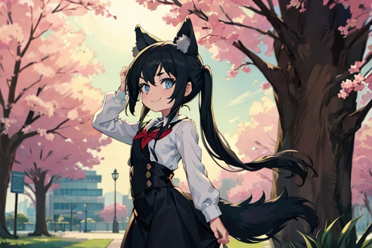 Young girl with black hair, long twintail, twintail hairstyle, (blue eyes), ((small bushy eyebrows)), (wolf ears up), wearing gothic lolita, lolicon clothes, going to school, dull eyes, dull face, going to school, flirtatious smile, small and perky breasts, in a park, wide hips, 