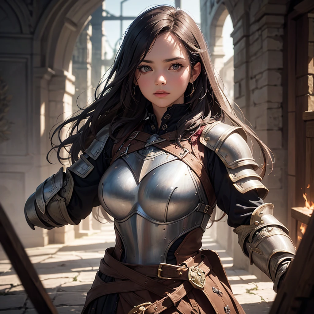 CG, Unity, 8k, wallpaper, Highest quality, masterpiece, Lovely lady, 18-year-old, (Realistic), Best lighting, Complex pupil, Intricate weaving, Detailed Background,The Hobbit,A composition that shows the whole body,One Woman,Full Body,Knight in Armor,(Iron Mask),Beauty