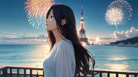 shiraishi mei, looks exactly like shiraishi mei、time is night、tokyo tower in the background、big fireworks、oceanの方を向いている後ろ姿、woman...