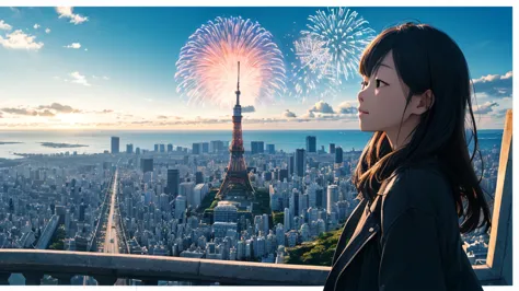 shiraishi mei, looks exactly like shiraishi mei、time is night、tokyo tower in the background、big fireworks、oceanの方を向いている後ろ姿、woman...