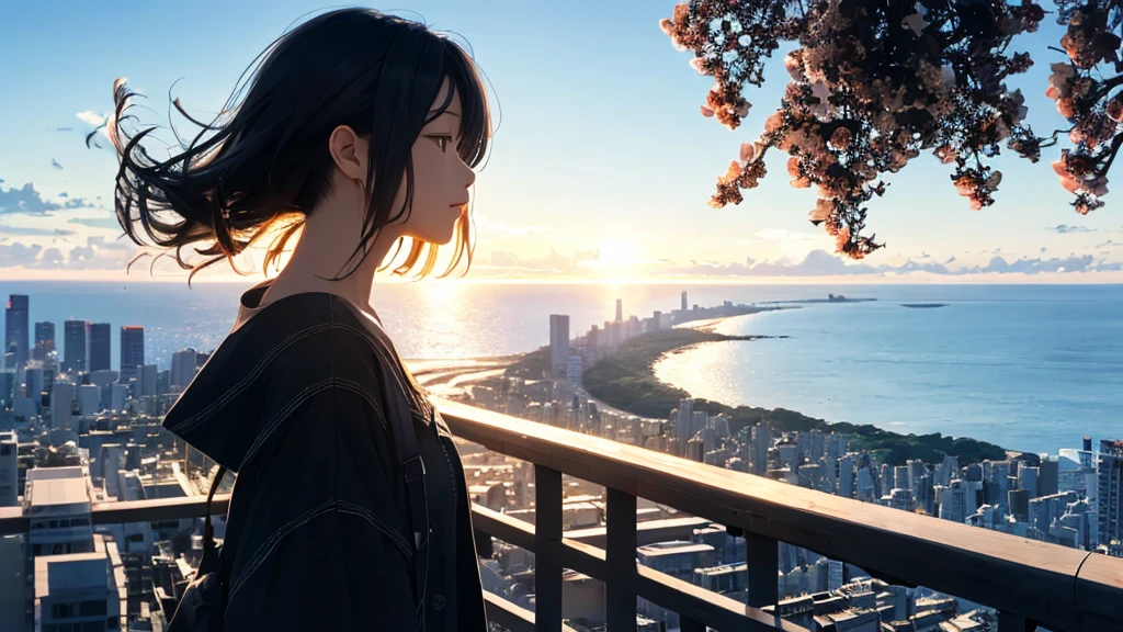 Shiraishi Mei, Looks exactly like Shiraishi Mei、Time is night、Tokyo Tower in the background、Big fireworks、Oceanの方を向いている後ろ姿、Woman looking up at the sky ,Long Hair,  Black Hair,, Photo from the side, Realistic, Highest quality, Detailed face, Strong sunlight, Ocean, Embankment, Detailed Background, Diffused sunlight, Written boundary depth, Bokeh (Highest quality: 1.2), (masterpiece: 1.2), Watch Viewer, one piece, White Theme, ,Vision、(((Panorama:1.2)))