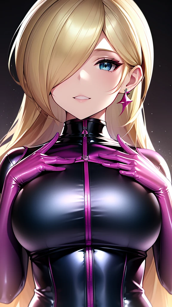 erotic、Rosalina、Blonde、tall、 mature, Married women, Pink shiny latex rubber suit、turtleneck、邪evilな女戦闘員, Pink and black background, Pitch-dark bedroom, Dark Theme, evil, lure, excited, A condescending grin, Lightly open your mouth、Sexy pose, Upper Body,