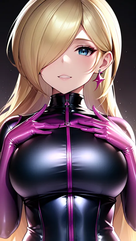 erotic、rosalina、blonde、tall、 mature, married women, pink shiny latex rubber suit、turtleneck、邪evilな女戦闘員, pink and black backgroun...