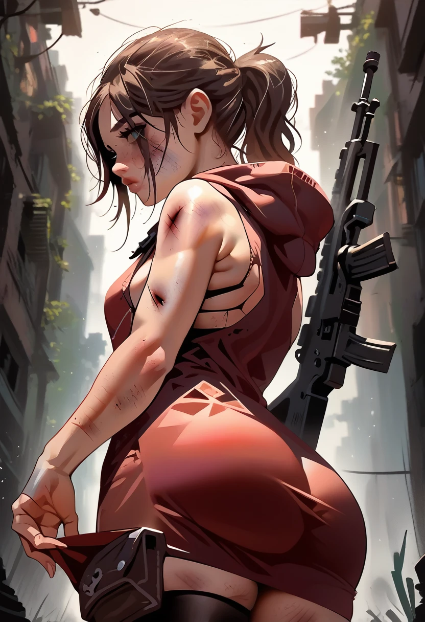 19 y.o., 1 girl, Claire Redfield, very small breast, detailing face, detailing body, big hips, small ass, brown hair, cute, detailing face, source_anime, ruins of the city,  dirty skin, wounds, bruises, fatigue, dirty hair, fatique on face, standing, hud_h00diedrss, COLOR dress, short backless hoodie dress, bare shoulders, sleeveless, sideboob, from side, machine gun in hand, boots