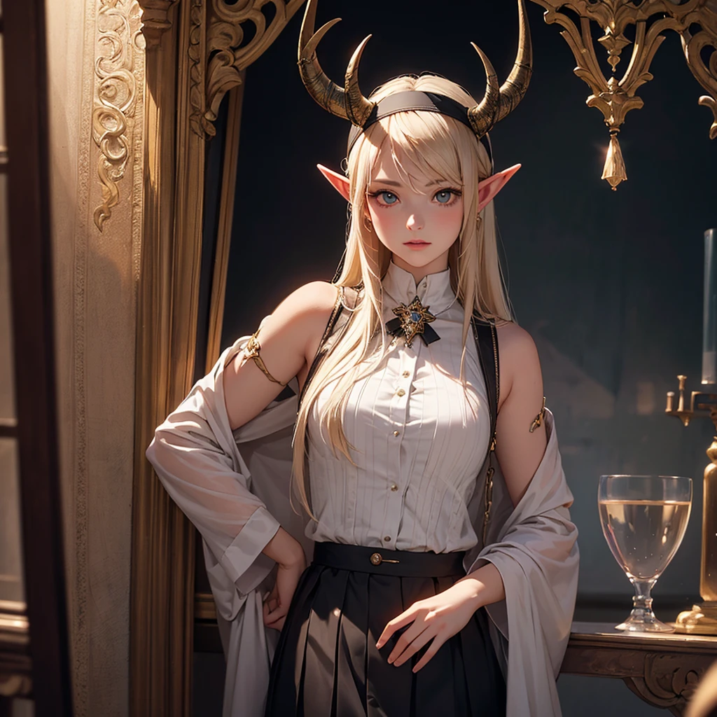 CG, Unity, 8k, wallpaper, Highest quality, masterpiece, Lovely lady, 18-year-old, (Realistic), Best lighting, Complex pupil, Intricate weaving, Detailed Background,Elf Girl、Two horns on the head,A composition that shows the whole body,One Woman,Full Body、Skirt and headband
