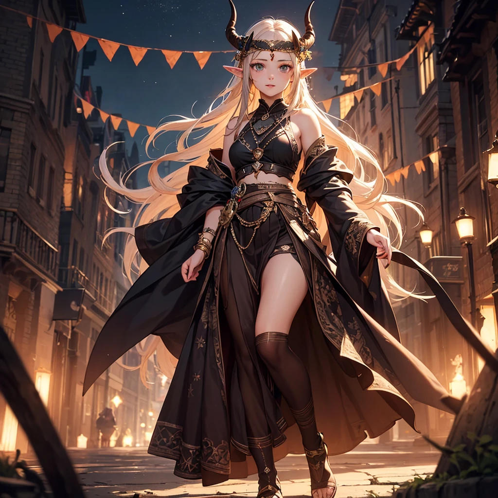 CG, Unity, 8k, wallpaper, Highest quality, masterpiece, Lovely lady, 18-year-old, (Realistic), Best lighting, Complex pupil, Intricate weaving, Detailed Background,Elf Girl、Two horns on the head,A composition that shows the whole body,One Woman,Full Body、Skirt and headband
