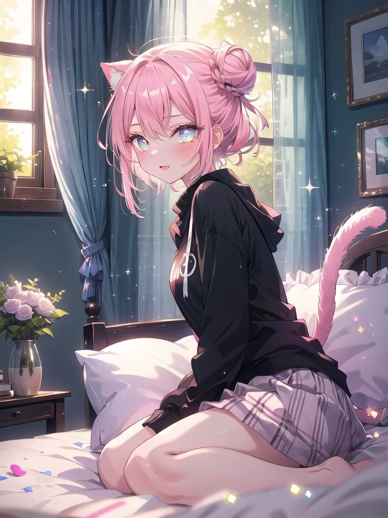 ((8k, Highest quality, masterpiece: 1.3)),Ultra-high resolution,(1 girl, alone), (Color changing eyes, Ultra-detailed, Expressive brilliance, Glitter, Glowing Eyes), Highly detailed eyes, Highly detailed face, Random Hair, ((pastel colour)),A playful young woman with pastel pink hair styled into a messy bun, sitting on the edge of her bed in her softly lit bedroom during a bright afternoon. She is dressed in a simple yet subtly sexy catgirl cosplay, wearing a soft, form-fitting black top with matching cat ears and a tail. The camera captures her from a low angle as she playfully winks at the camera, her expression full of mischief and charm. The room is filled with warm sunlight, with a few scattered cushions, a small scratching post by the bed, and a cozy, feline-themed atmosphere, creating a fun and lively environment.